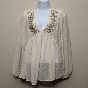 HAZEL Cream Embroidered Sequin Swiss Dot Boho Long Sleeve Blouse M
